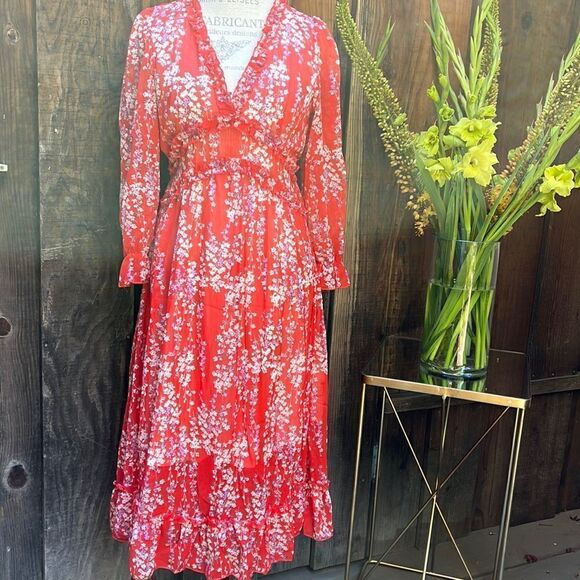 RED FLORAL RUFFLED LONG SLEEVED DRESS Size S M  BNWT - Picture 3 of 9